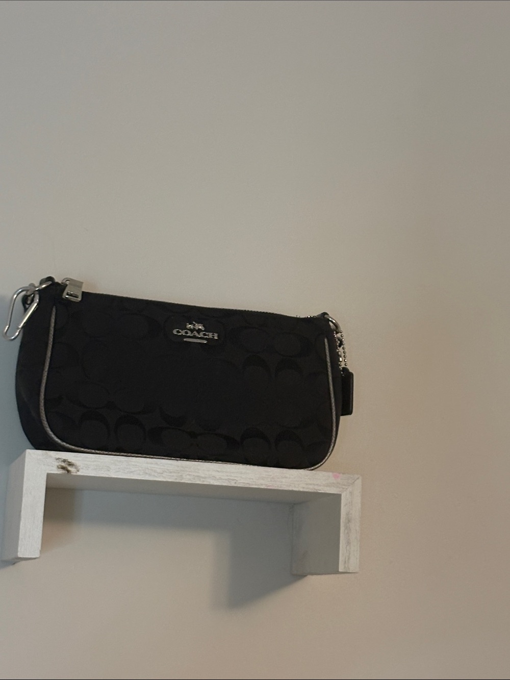 Coach Black Signature Wristlet Bag with Silver Trim